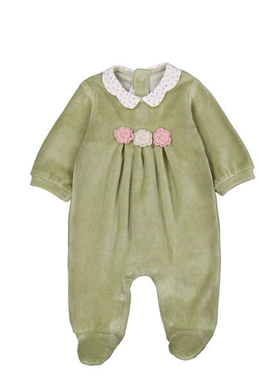 Green Velour Floral Footed Pajamas
