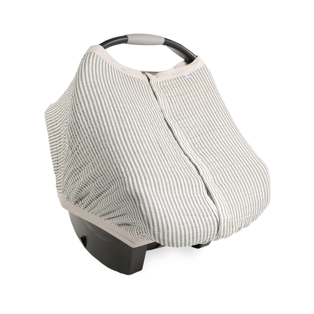 Cotton Muslin Car Seat Canopy- Grey Stripe