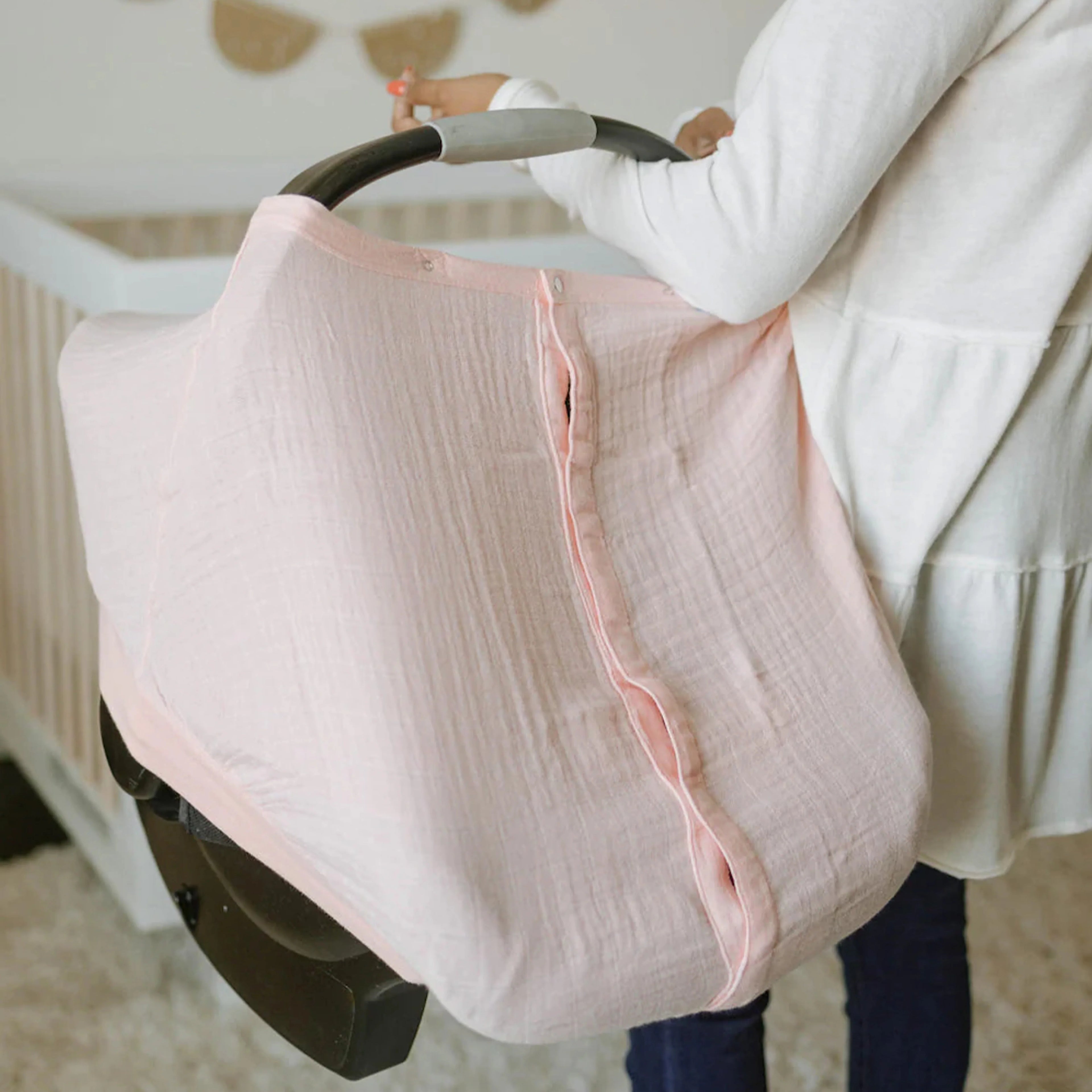 Cotton Muslin Car Seat Canopy- Light Pink