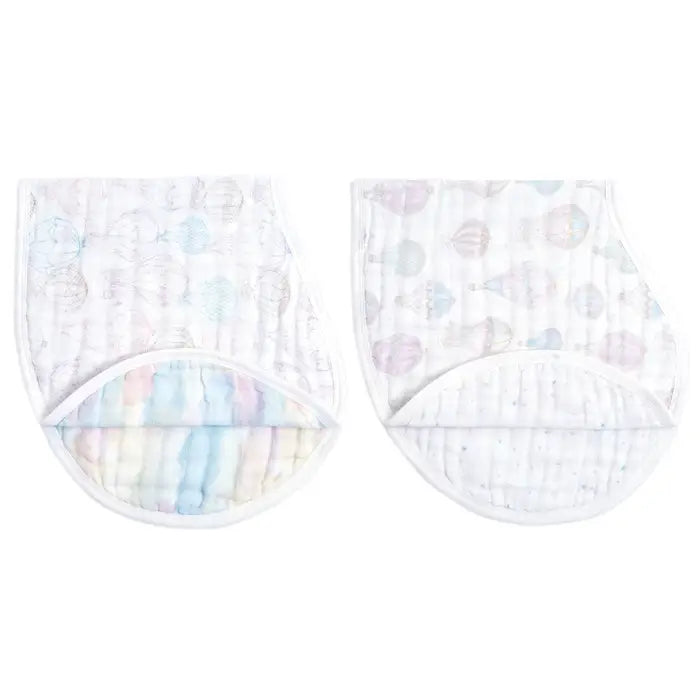 Above the Clouds 2-Pack Organic Burpy Bibs featuring soft, breathable organic cotton muslin with pastel hot air balloon and rainbow designs, ideal for newborn essentials.