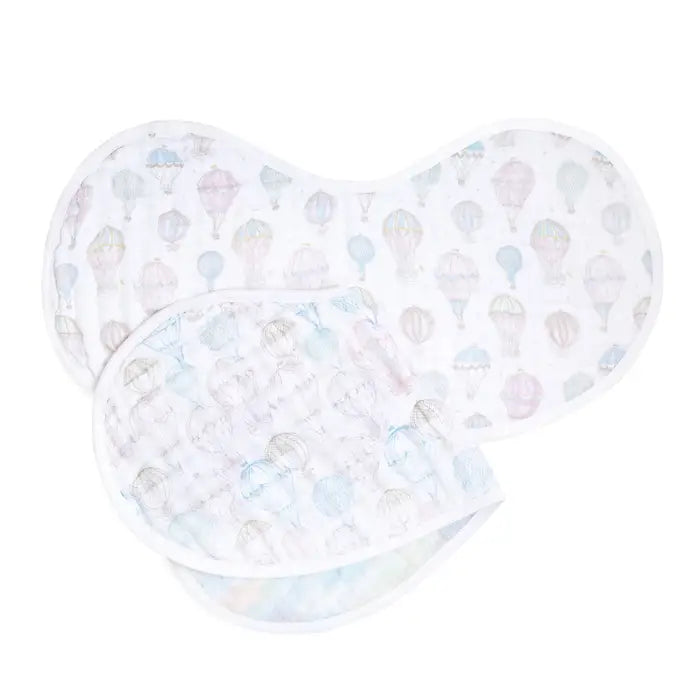 Above the Clouds 2-Pack Organic Burpy Bibs featuring soft organic cotton muslin with a pastel hot air balloon pattern, ideal for newborn essentials and baby feeding.