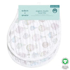 Above the Clouds 2-Pack Organic Burpy Bibs featuring breathable, versatile organic muslin fabric with a subtle hot air balloon pattern, designed for baby feeding and drooling.