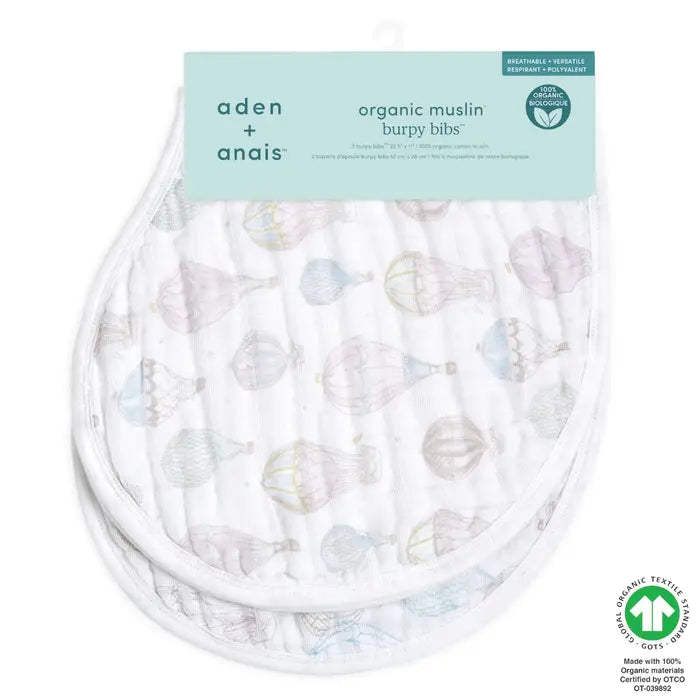 Above the Clouds 2-Pack Organic Burpy Bibs featuring breathable, versatile organic muslin fabric with a subtle hot air balloon pattern, designed for baby feeding and drooling.