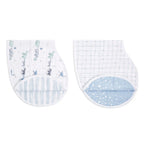 Two soft cotton muslin Rising Star 2-pack Classic Burpy Bibs with playful prints and pastel blue accents, designed for gentle baby feeding and burping.