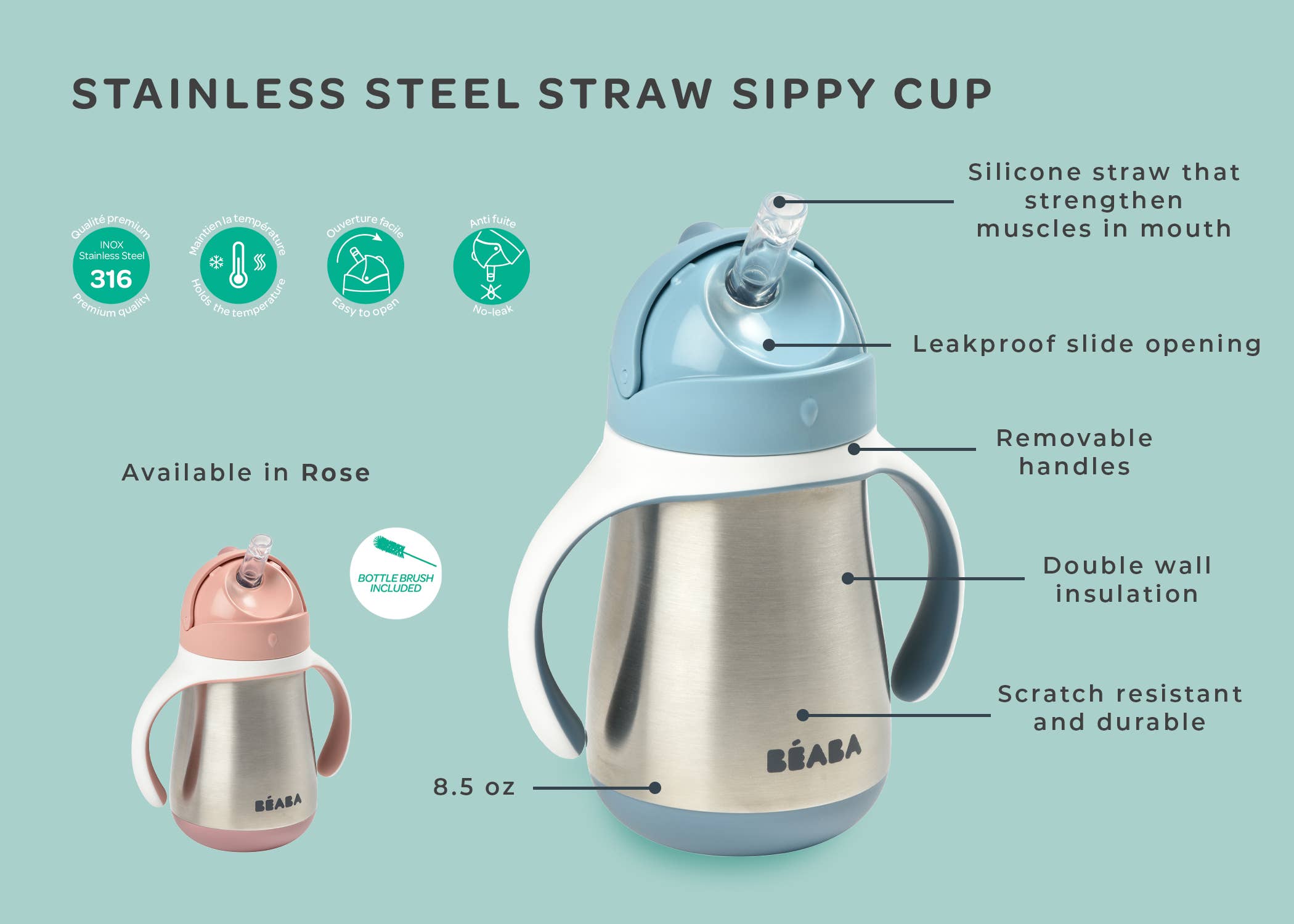BEABA Stainless Steel Straw Sippy Cup - Rose