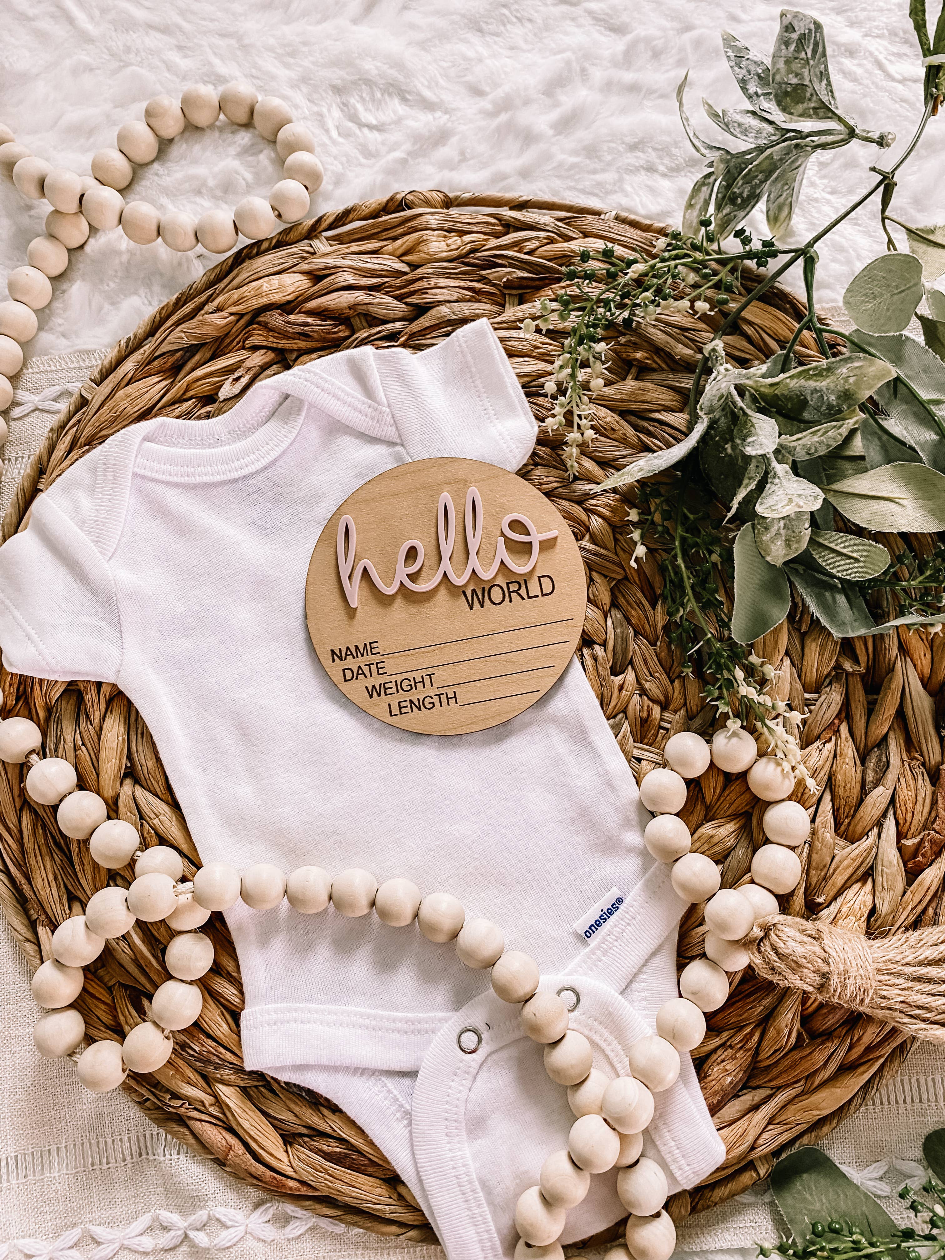 Hello World Birth Stat Announcement Wood Disc - Layered 3D