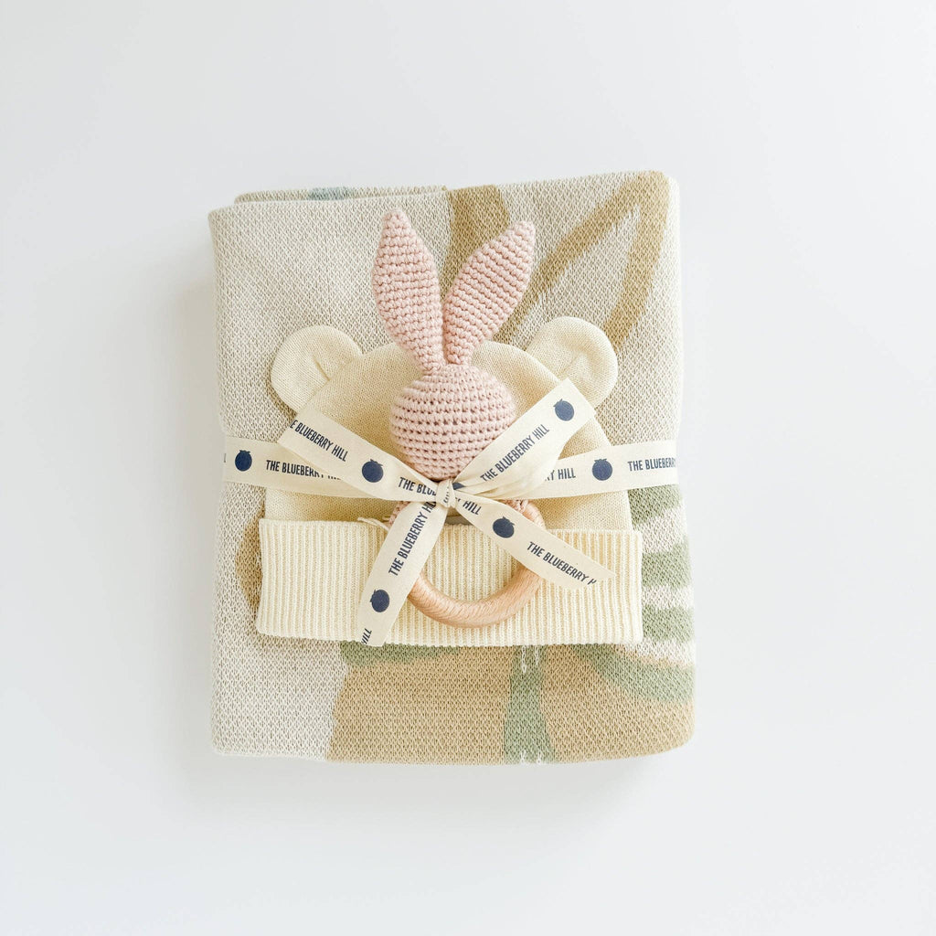 Set Pastel Floral Blanket Hat Rattle Bunny Strawberry Baby