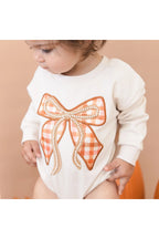 Cinnamon Plaid Bow Patch Long Sleeve Romper