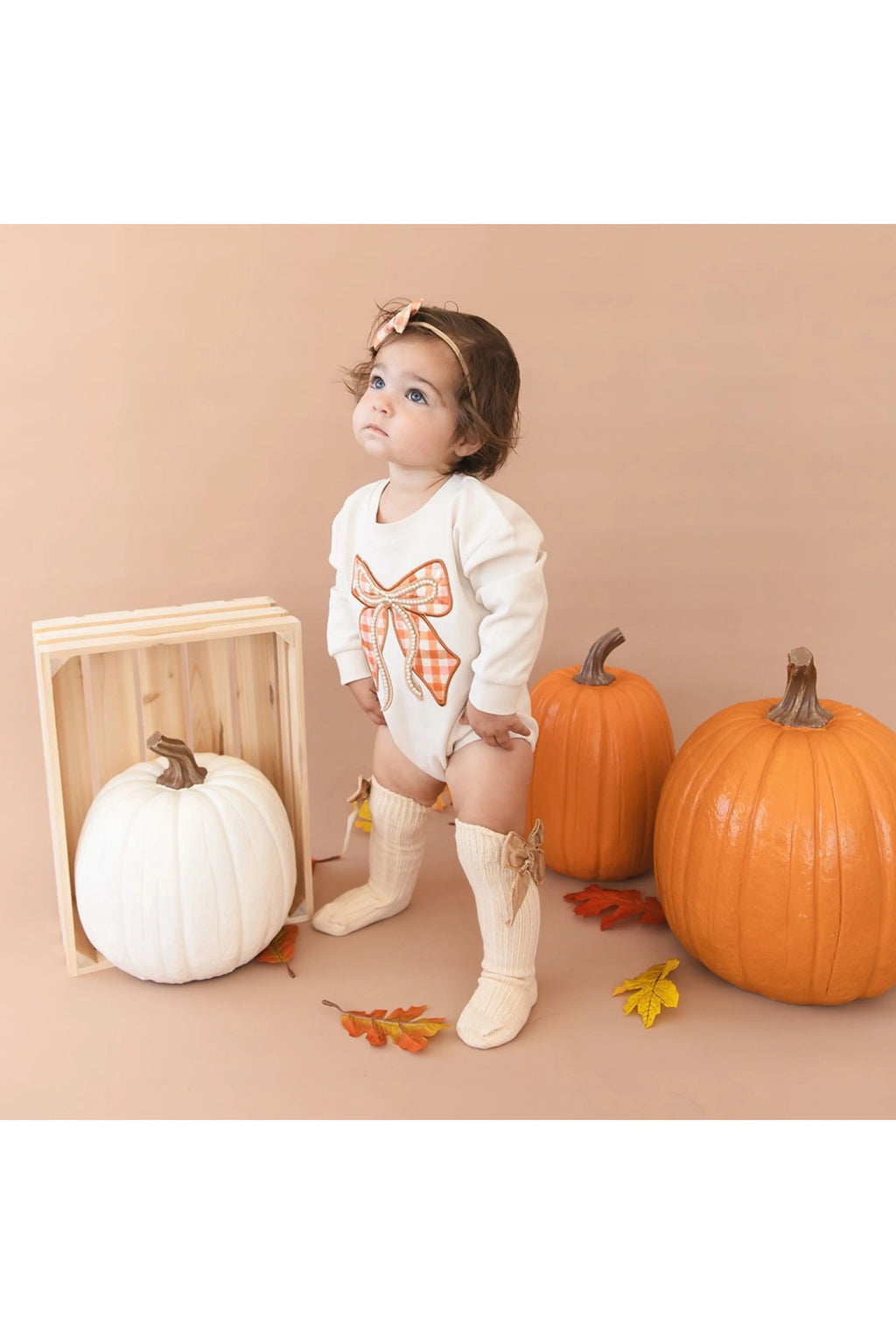 Cinnamon Plaid Bow Patch Long Sleeve Romper
