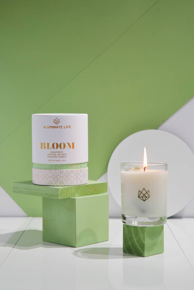 Bloom Crystal Candle 14 oz – Amazonite for Joy & Growth