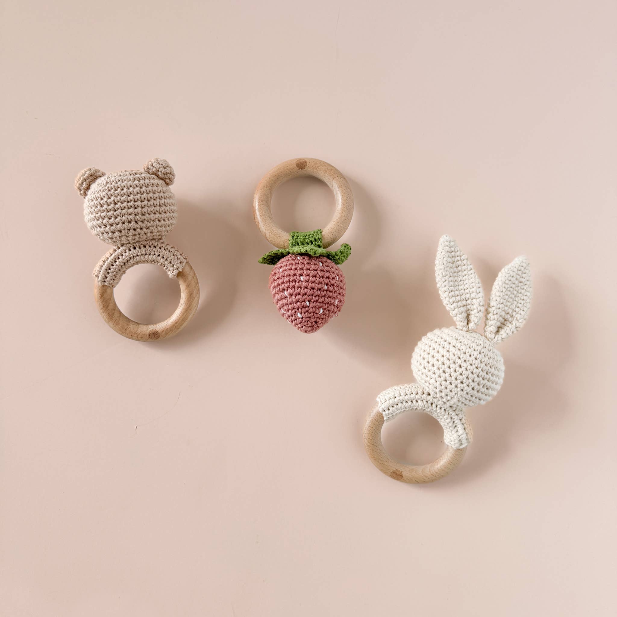 Teether Strawberry Pink Crochet Rattle Baby Toy Spring