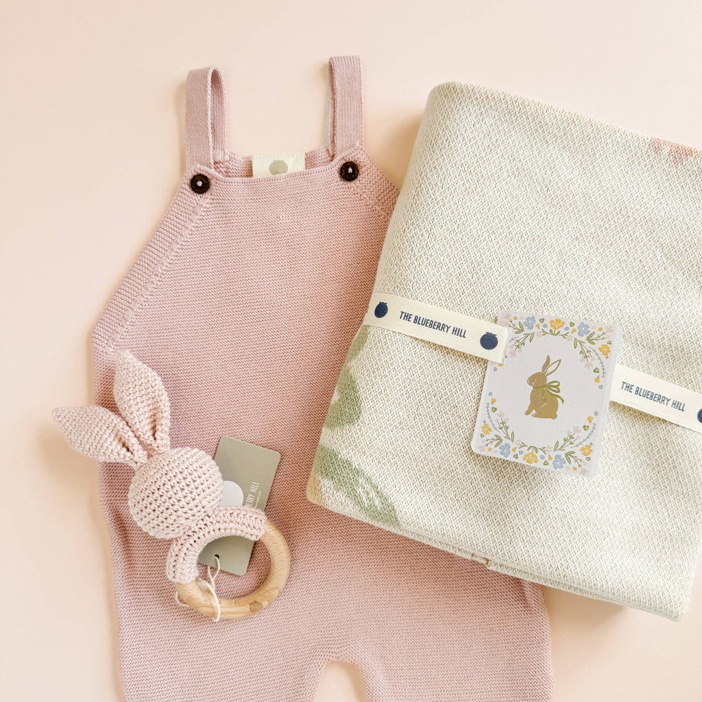 Set Pastel Floral Blanket Hat Rattle Bunny Strawberry Baby