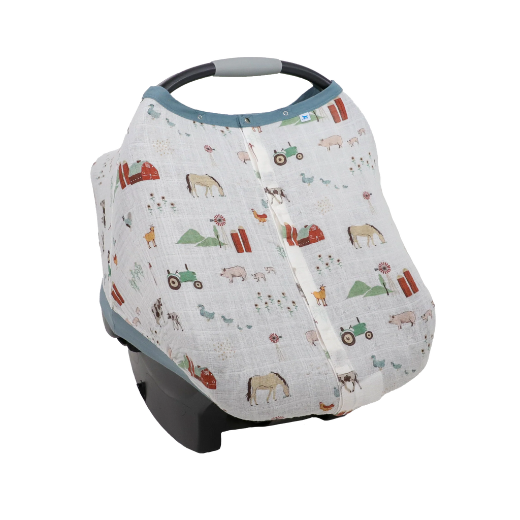 Cotton Muslin Car Seat Canopy- Farmyard