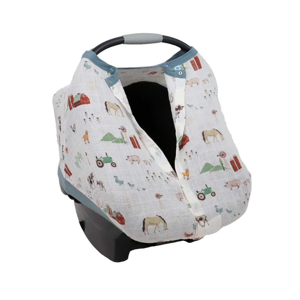Cotton Muslin Car Seat Canopy- Farmyard