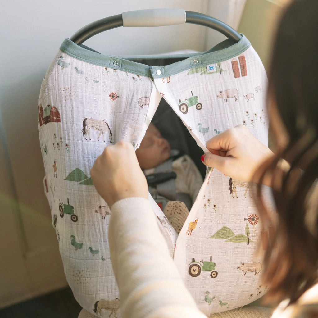 Cotton Muslin Car Seat Canopy- Farmyard