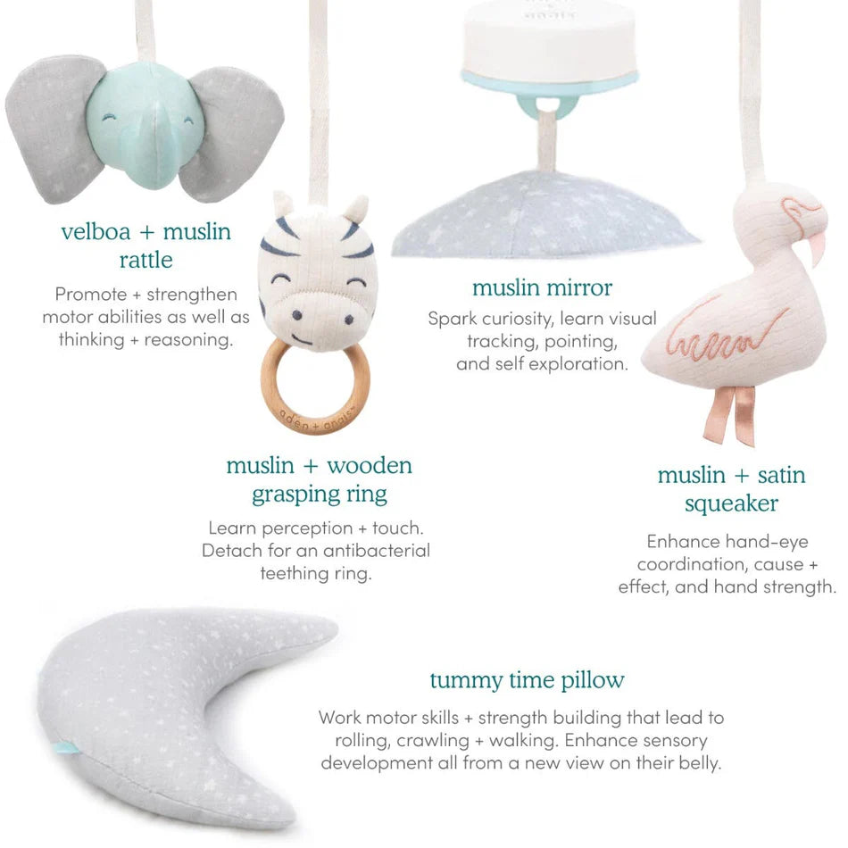 Rising Star Play + Discovery Activity Gym features a plush elephant rattle, zebral wooden grasping ring, muslin mirror, satin squeaker flamingo, and a crescent-shaped tummy time pillow for sensory and motor skill development.